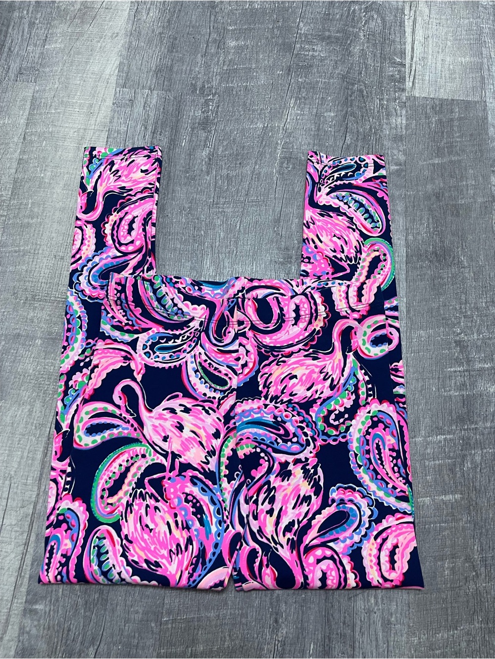 Lilly Pulitzer Girls' Navy Leggings with Pink Paisley Flamingo Print